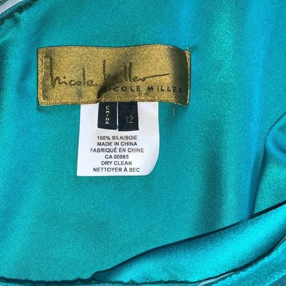 Nicole Miller green silk batwing one shoulder mini dress size 12 - Picture 5 of 13